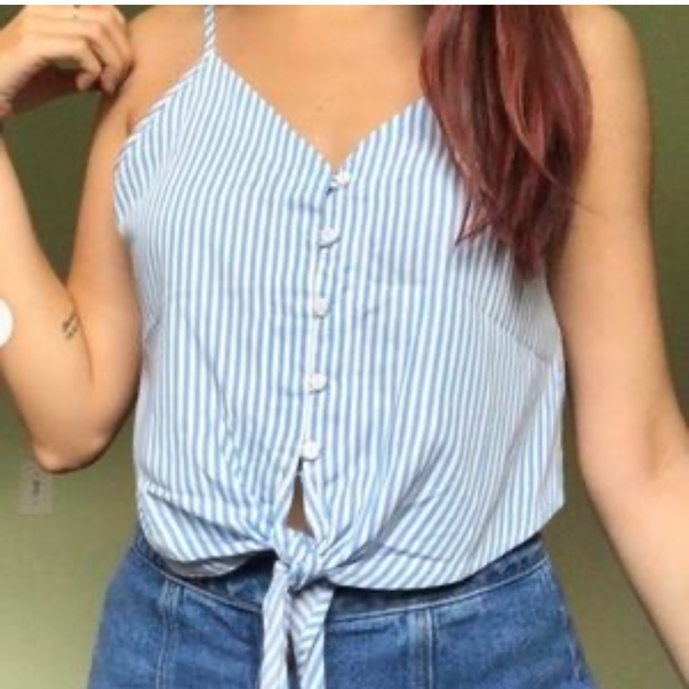 Forever 21 Blue White Striped Front Tie Sleeveless Cami Crop Top